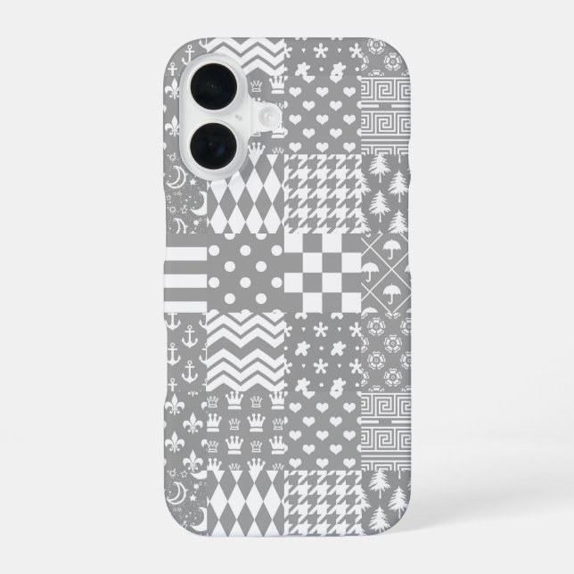 Grey White Mixed Patterns Patchwork Design  iPhone 16 Case (Back)