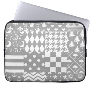 Grey White Mixed Patterns Patchwork Design Laptop Sleeve