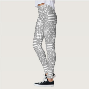 Grey White Mixed Patterns Patchwork Design Leggings