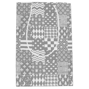 Grey White Mixed Patterns Patchwork Design  Medium Gift Bag