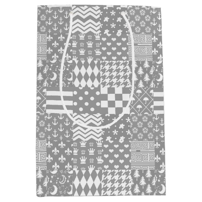 Grey White Mixed Patterns Patchwork Design  Medium Gift Bag (Front)