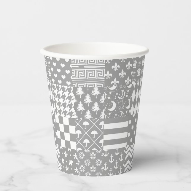 Grey White Mixed Patterns Patchwork Design  Paper Cups (Front)