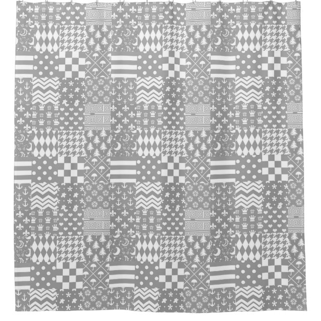 Grey White Mixed Patterns Patchwork Design  Shower Curtain (Front)