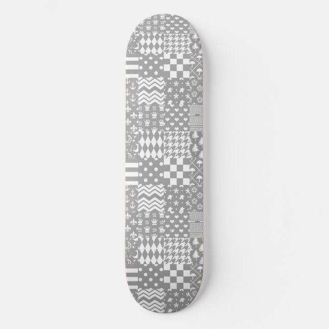 Grey White Mixed Patterns Patchwork Design  Skateboard (Front)
