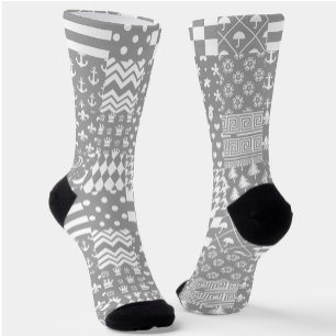 Grey White Mixed Patterns Patchwork Design  Socks