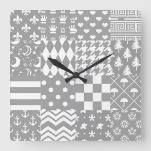 Grey White Mixed Patterns Patchwork Design Square Wall Clock