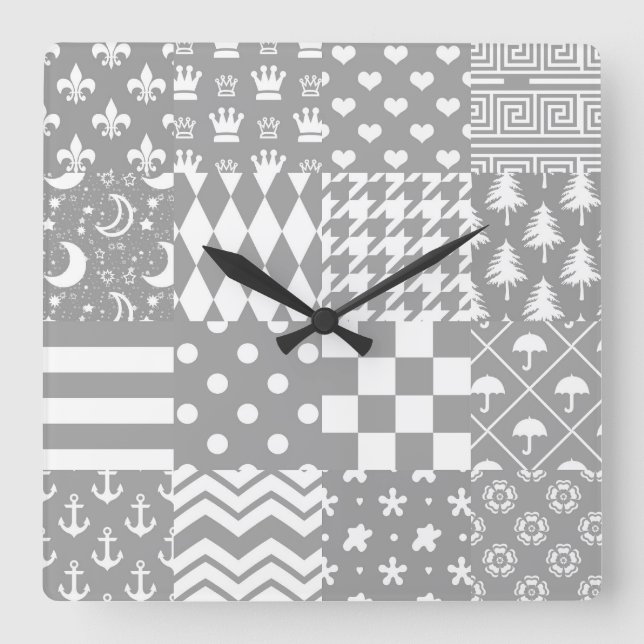 Grey White Mixed Patterns Patchwork Design  Square Wall Clock (Front)