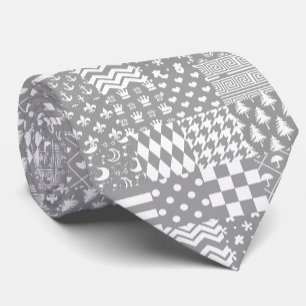 Grey White Mixed Patterns Patchwork Design Tie