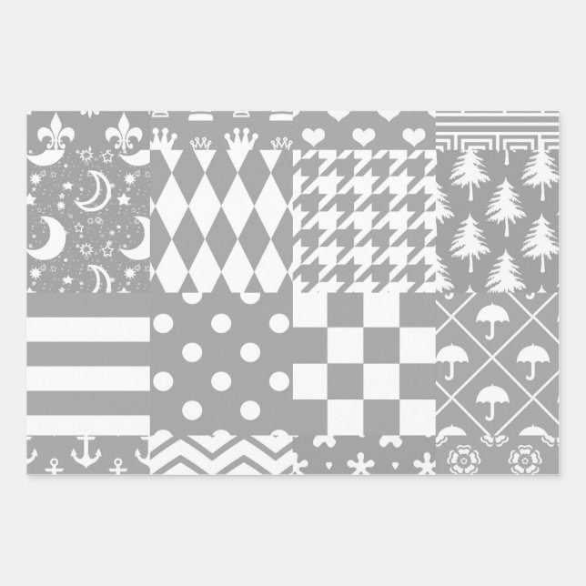 Grey White Mixed Patterns Patchwork Design  Wrapping Paper Sheet (Front)