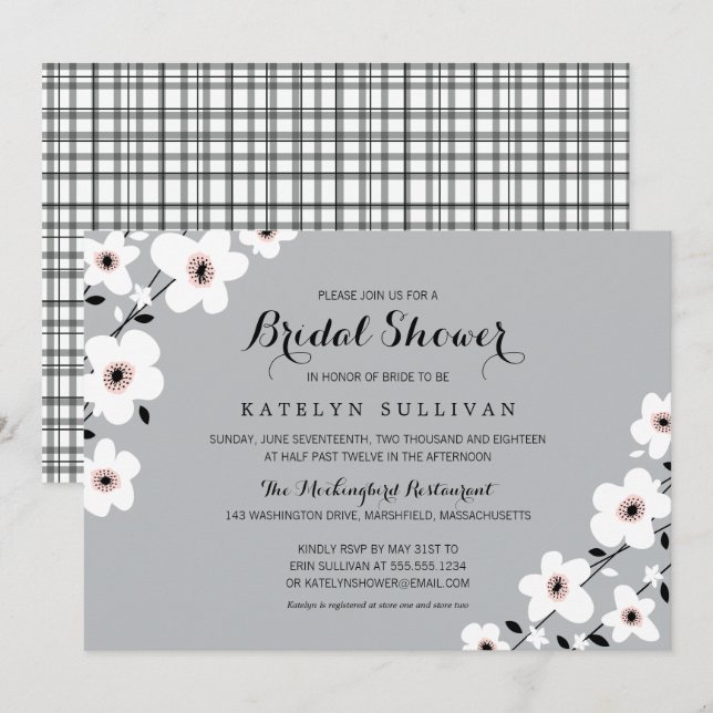 Grey White Modern Anemone | Bridal Shower Invitation (Front/Back)