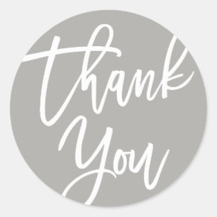 Grey & White Modern Calligraphy Thank You Classic Round Sticker