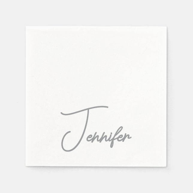 Grey White Modern Minimalist Handwriting Name Napkin (Front)
