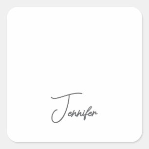 Grey White Modern Minimalist Handwriting Name Square Sticker