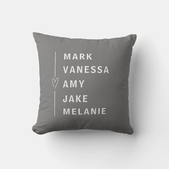 Grey White Modern Names Minimalist Heart Cushion (Front)