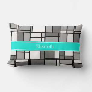 Grey White Mondrian Inspired Aqua Name Monogram Lumbar Cushion
