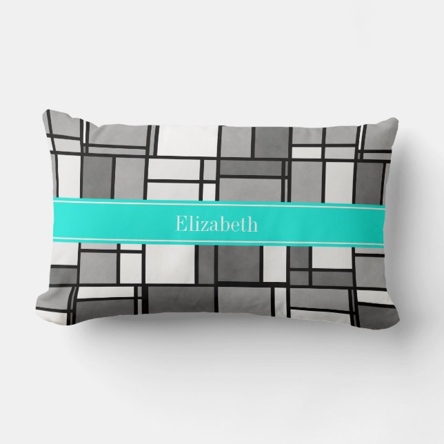 Grey White Mondrian Inspired Aqua Name Monogram Lumbar Cushion (Front)