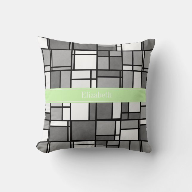 Grey White Mondrian Style Celery Ribbon Monogram Cushion (Front)