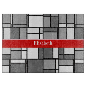 Grey White Mondrian Style Red Ribbon Monogram Cutting Board