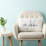 Grey White Monogram Family Newlywed Keepsake Lumbar Cushion<br><div class="desc">Personalised grey and white monogrammed pillow with your family's last name and wedding date in a script font overlay design on a white background. Elke Clarke© Available at www.zazzle.com/monogramgallery. Makes a great gift for newly weds or a family. Great trendy, elegant accessory for your bedroom, favourite chair, as fun home...</div>