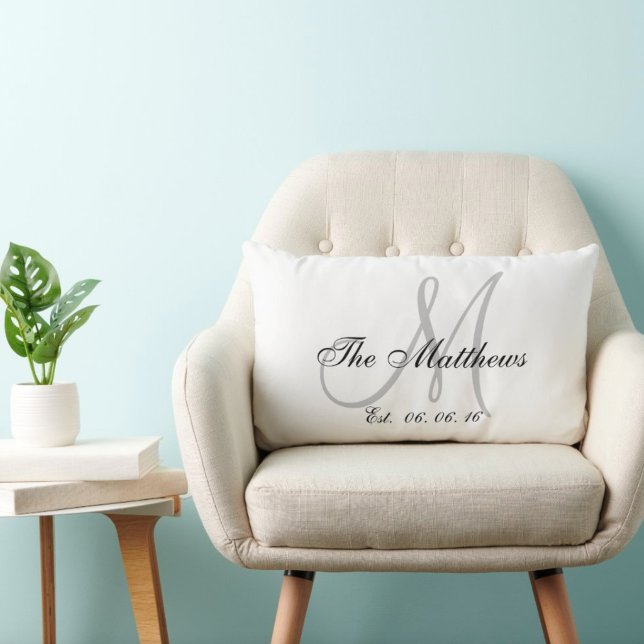Grey White Monogram Family Newlywed Keepsake Lumbar Cushion (Creator Uploaded)