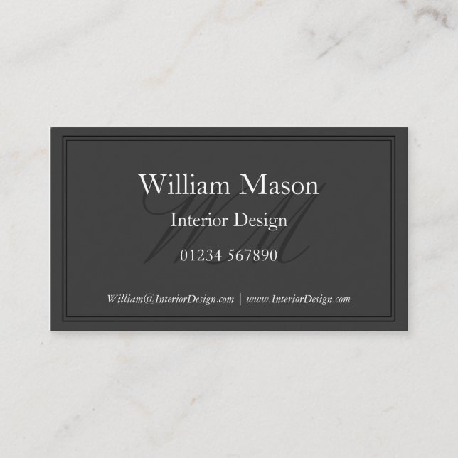 Grey & White Monogram Framed Business Card (Front)
