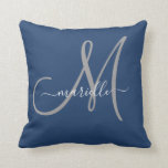 Grey White Monogram Navy Blue Throw Pillow<br><div class="desc">Personalised grey and white monogrammed pillow with a script font on a navy blue background. Simple elegance.</div>