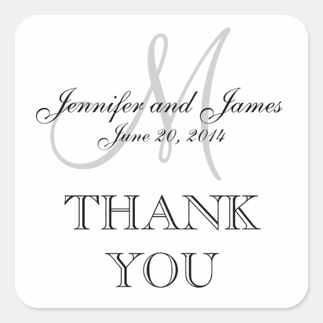 Grey White Monogram Square Wedding Label (Front)