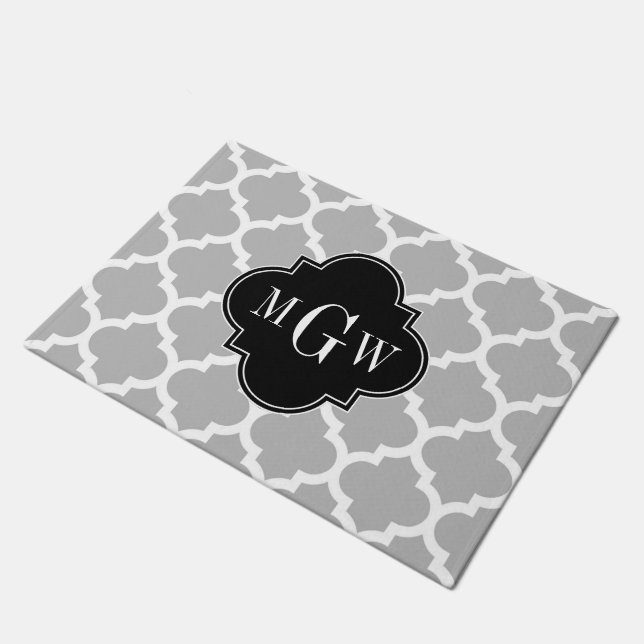 Grey White Moroccan #5 Black 3 Initial Monogram Doormat (Angled)