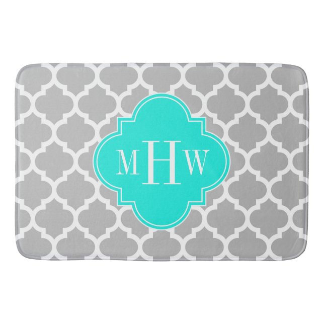 Grey White Moroccan #5 Brt Aqua 3 Initial Monogram Bath Mat (Front)
