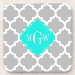 Grey White Moroccan #5 Brt Aqua 3 Initial Monogram Coaster