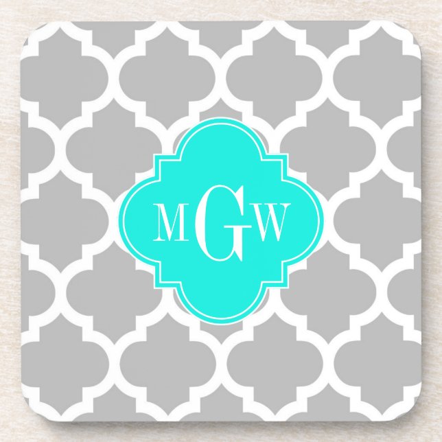 Grey White Moroccan #5 Brt Aqua 3 Initial Monogram Coaster (Front)