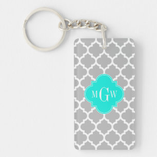 Grey White Moroccan #5 Brt Aqua 3 Initial Monogram Key Ring