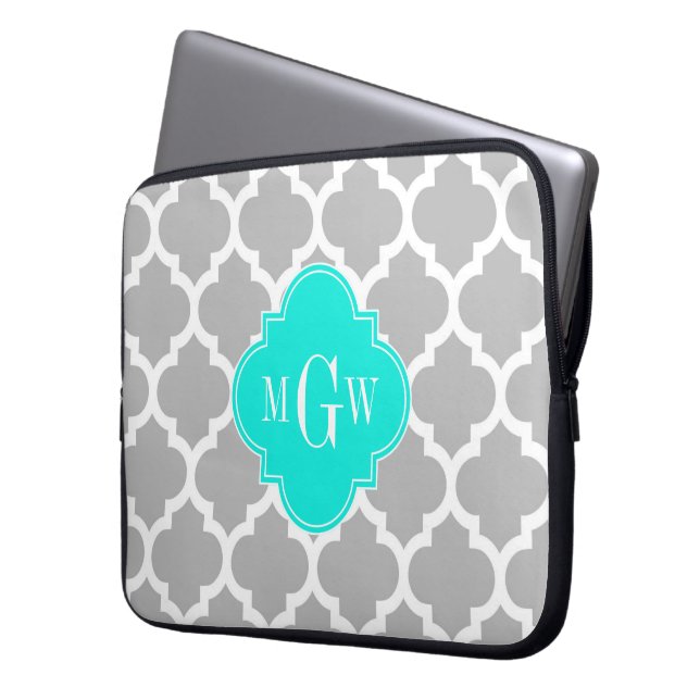 Grey White Moroccan #5 Brt Aqua 3 Initial Monogram Laptop Sleeve (Front Left)