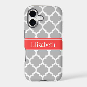 Grey White Moroccan #5 Coral Red Name Monogram
