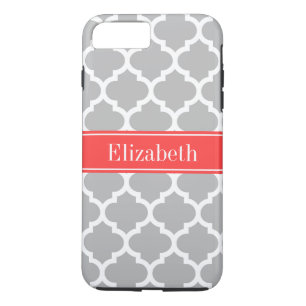 Grey White Moroccan #5 Coral Red Name Monogram iPhone 8 Plus/7 Plus Case