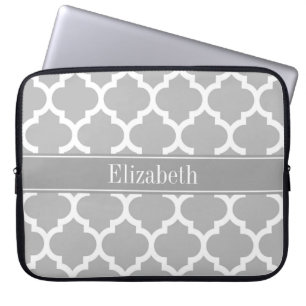 Grey White Moroccan #5 Dark Grey Name Monogram Laptop Sleeve