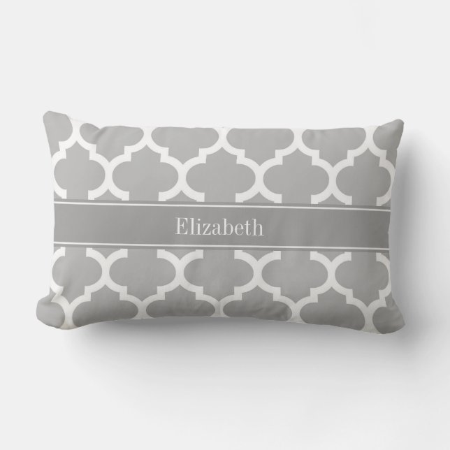 Grey White Moroccan #5 Dark Grey Name Monogram Lumbar Cushion (Front)