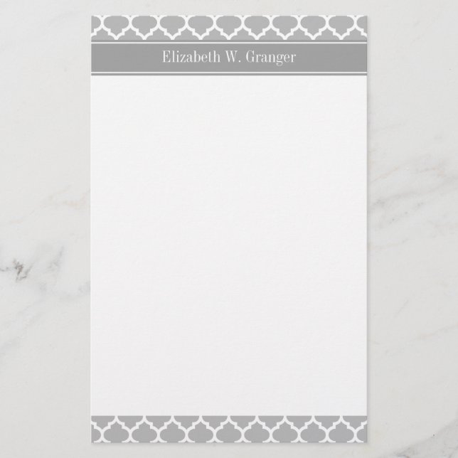 Grey White Moroccan #5 Dark Grey Name Monogram Stationery (Front)