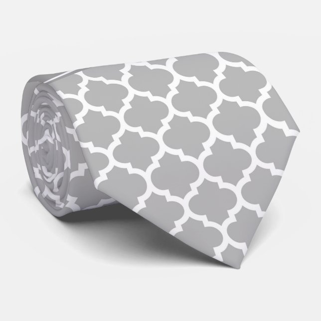 Grey White Moroccan #5 Dark Grey Name Monogram Tie (Rolled)