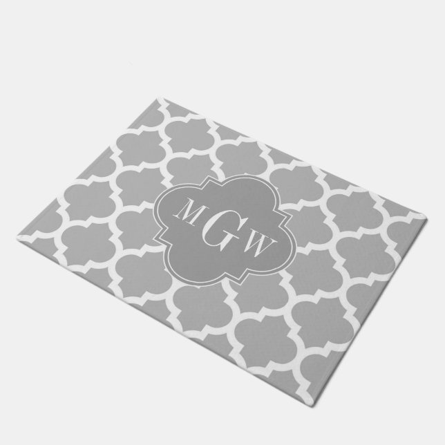 Grey White Moroccan #5 Dk Grey 3 Initial Monogram Doormat (Angled)