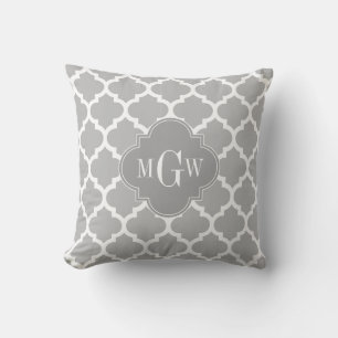 Grey White Moroccan #5 Grey 3 Initial Monogram Cushion