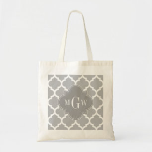 Grey White Moroccan #5 Grey 3 Initial Monogram Tote Bag