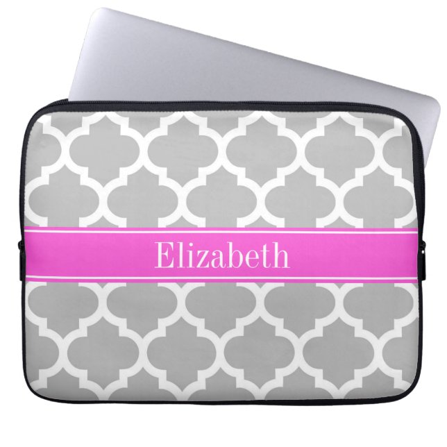 Grey White Moroccan #5 Hot Pink Name Monogram Laptop Sleeve (Front)