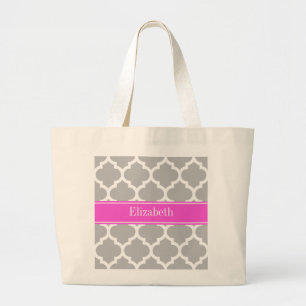 Grey White Moroccan #5 Hot Pink Name Monogram Large Tote Bag