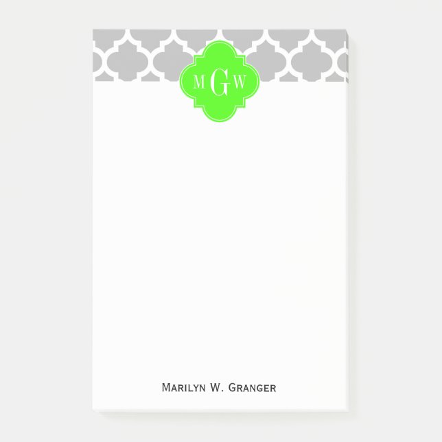 Grey White Moroccan #5 Lime Grn 3 Initial Monogram Post-it Notes (Front)