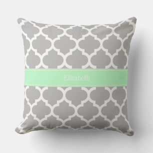 Grey White Moroccan #5 Mint Name Monogram Cushion