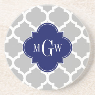 Grey White Moroccan #5 Navy 3 Initial Monogram Coaster