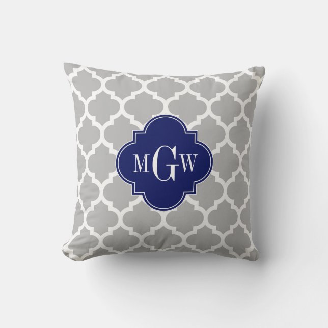 Grey White Moroccan #5 Navy 3 Initial Monogram Cushion (Front)