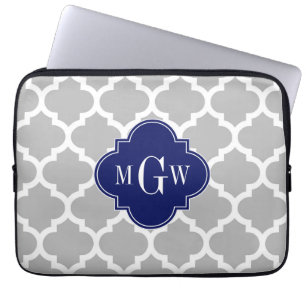 Grey White Moroccan #5 Navy 3 Initial Monogram Laptop Sleeve
