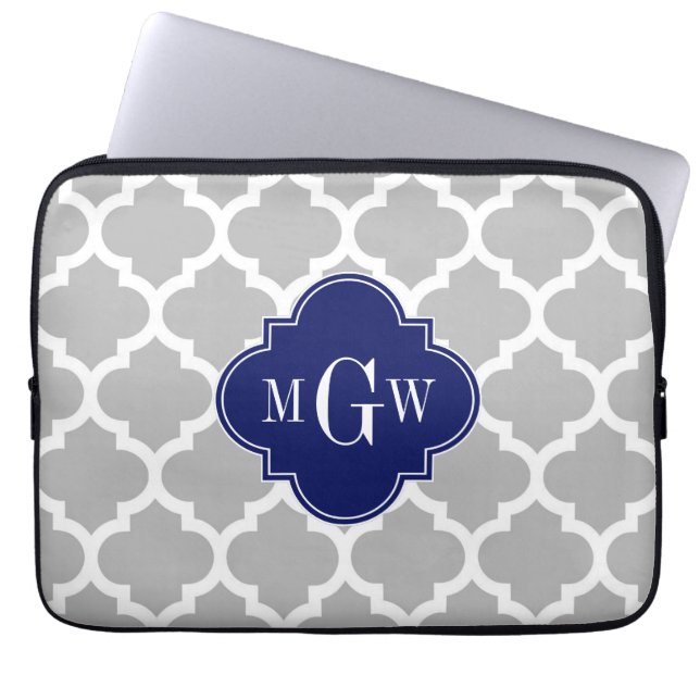 Grey White Moroccan #5 Navy 3 Initial Monogram Laptop Sleeve (Front)
